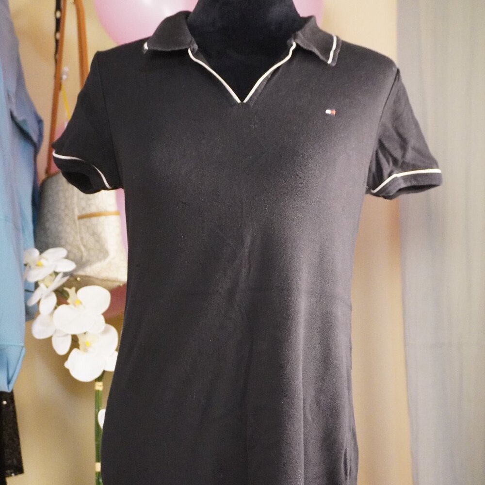 Tommy Hilfiger Black Knit Polo Dress White Trim M Summer Beachy Country Club